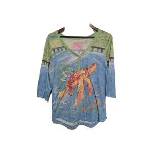 Leoma Lovegrove Sea Turtle Henley Button Top Womens L Beachy Cruise Coastal
